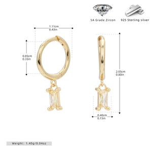 Detailed size specifications for gold 925 sterling silver hoop earrings with zircon