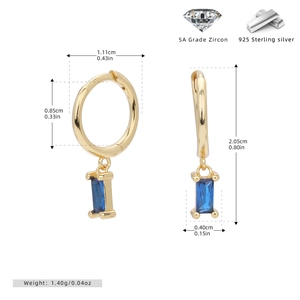 Detailed size chart of gold 925 silver hoop earrings with rectangular blue zircon