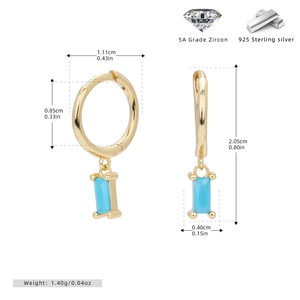 Detailed view of S925 silver hoop earrings featuring sky blue rectangular zircon pendants