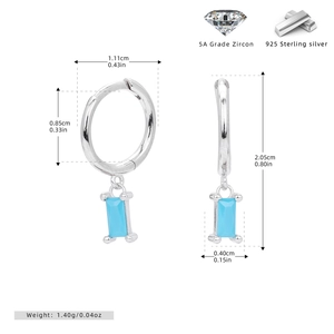 Detailed size specifications of S925 silver earrings with blue rectangle zircon
