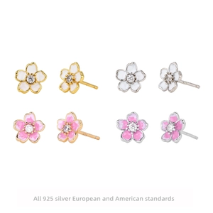 Boucles d'Oreilles Clous en Argent Sterling 925 Fleur de Cerisier Pour Femme Élégantes Boucles d'Oreilles Sakura en Émail Avec Zirconium Bijoux Cadeau