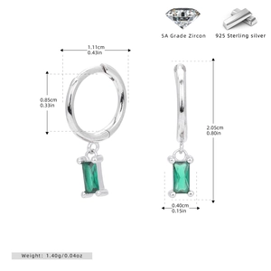 Detail of 925 sterling silver hoop earrings with rectangular green 5A zircon pendants