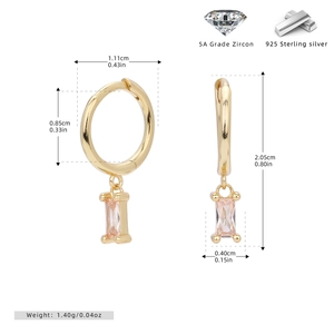 Detailed view of S925 sterling silver hoop earrings with rectangular pink zircon pendant