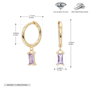 Detailed view of S925 sterling silver hoop earrings with purple rectangular zircon pendants