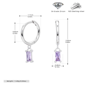 Detailed dimensions of S925 sterling silver hoop earrings with purple zircon pendants