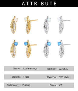 Detail view of 925 sterling silver feather stud earrings with opal and CZ stones