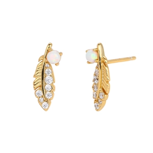 Exquisite 925 sterling silver feather stud earrings with opal and sparkling cubic zirconia