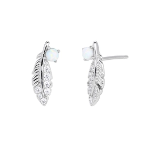 Detail of silver feather earrings with opal and zircon accents on a white background