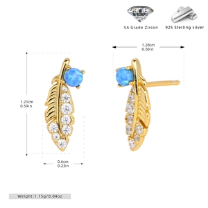 Detail showing 925 silver feather stud earrings with blue opal and zirconia stone