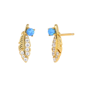 Detailed view of golden feather earrings with blue opal and clear zircon stones