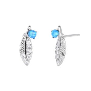 Exquisite 925 silver feather stud earrings with blue opal and clear zircon accents