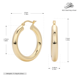 Dessin technique de créoles en argent 925 doré avec dimensions et spécifications de poids
