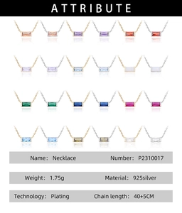 Matrix of S925 sterling silver necklaces with colorful baguette-cut zircon pendants