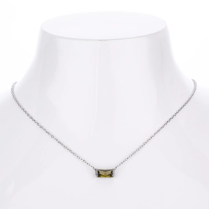 Detail of s925 sterling silver necklace with rectangular olive green zircon pendant