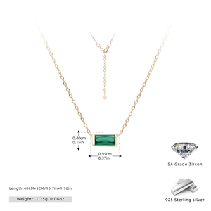 Detail showing 925 silver necklace with rectangular green zircon and size measurements