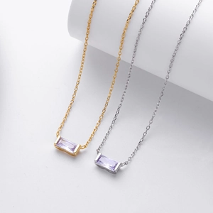 Detail of S925 sterling silver necklaces with rectangular lavender zircons in gold and silver