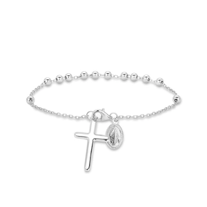 Bracelet chapelet en argent sterling S925 poli avec croix et médaille religieuse