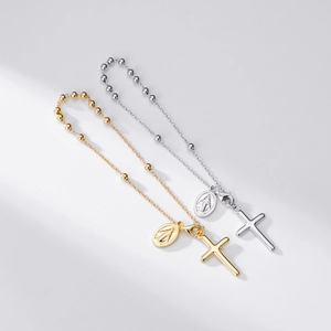 Gourmette chapelet en argent 925 avec pendentifs croix et médaille miraculeuse