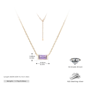 Detail showing rectangular purple zircon pendant with dimensions and 925 silver stamp