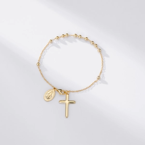 Bracelet chapelet élégant en argent 925 doré avec croix et médaille religieuse