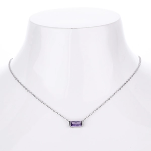 Detailed view of s925 silver necklace with rectangular purple zircon on model display