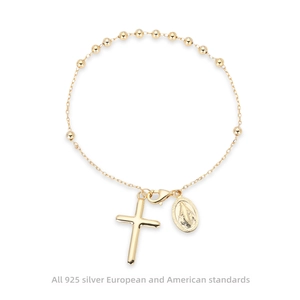 Bracelet Chapelet Religieux en Argent Sterling 925 pour Femmes Plaqué Or Blanc Or Croix Médaille Miraculeuse Pendentif Chaîne à Billes Bijoux Cadeau