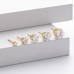 Set of five S925 sterling silver six-prong cubic zirconia stud earrings in gold finish