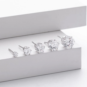 Five pairs of S925 sterling silver stud earrings with round cubic zirconia in various sizes