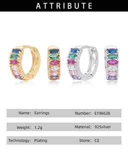 Detail view of 925 sterling silver hoop earrings with multicolored CZ stones and plating