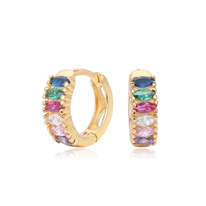 Close-up of gold-plated hoop earrings with multi-color marquise-cut zircon stones