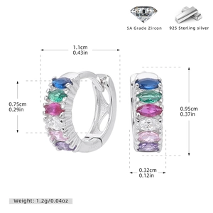 Detailed view of S925 sterling silver huggie earrings with rainbow colored zircon stones