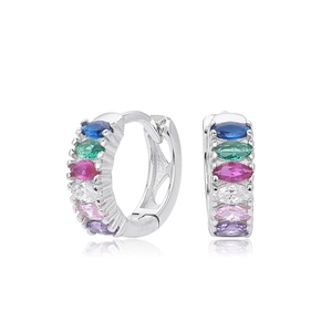 S925 sterling silver hoop earrings with marquise-cut colorful gemstones and mirror reflection