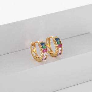 Detailed close-up of S925 silver hoop earrings with multicolored marquise-cut gems