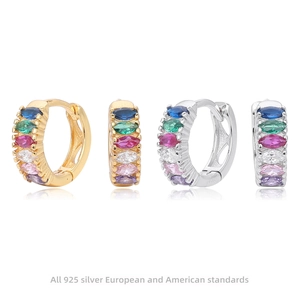 925 Sterling Silver Rainbow Zirconia Huggie Hoop Earrings Gold Silver Plated Marquise Cut Colorful Gemstone Earrings Women Jewelry Gift
