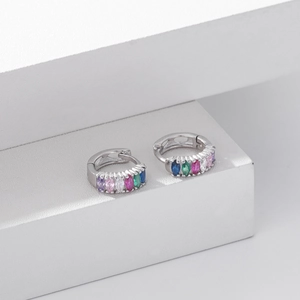 S925 sterling silver hoop earrings featuring rainbow marquise-cut gemstones on white blocks