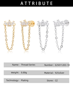 Détail de boucles d'oreilles couronne en argent S925 avec zircons et chaîne pendante