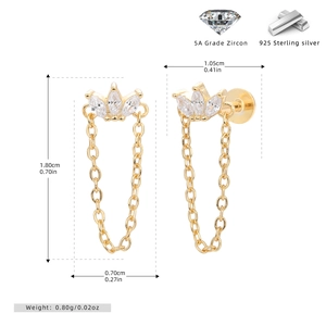 Détails des boucles d'oreilles couronne en argent S925 avec zircons et dimensions exactes