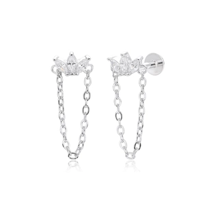 Boucles d'oreilles couronne en argent 925 avec zircons et une chaîne délicate