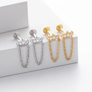 Élégantes boucles d'oreilles S925 en argent avec chaînes zircones et griffes couronne