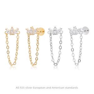 Boucles d'Oreilles Clous Couronne Chaîne Argent Sterling 925 Zircon Marquise Piercing Labret Dos Plat Bijoux Femme
