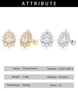 Détail macro de boucles d'oreilles en argent 925 avec zircons et fermoir à vis