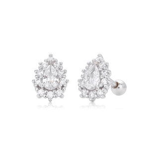 Boucles d'oreilles halo en argent S925 avec pierre poire et fermoirs à vis sécurisés