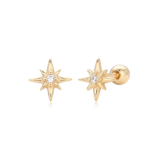 Detailed macro view of gold star stud earrings with zirconia and screw-back ball closure