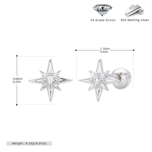 Macro view of S925 sterling silver star stud earring with dimensions and 5A zircon detail