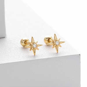 Macro shot of gold octagram stud earrings with zircon and secure screw ball backs