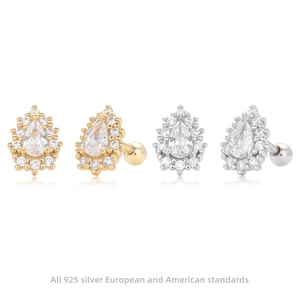 Boucles d'Oreilles Clous Halo en Argent Sterling S925 Avec Zircon Poire pour Femme Fermoir à Vis Luxe Zircone 5A Goutte d'Eau Plaqué Or Argent Bijoux