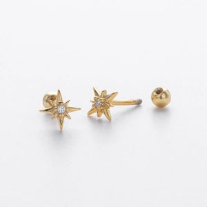 Gold S925 sterling silver eight-pointed star stud earrings with cubic zirconia and screw back