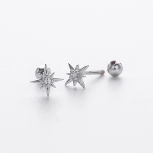 S925 silver star stud earrings with zircon inlay and secure screw ball back detail