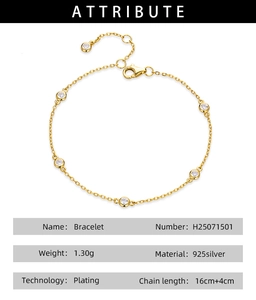 Detailed attribute chart for 925 silver bracelet showing 1.30g weight and plating info