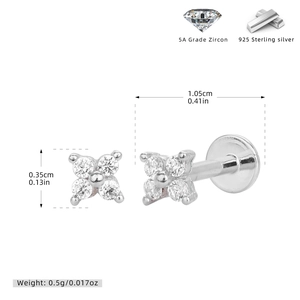 Detail von S925 Silber Kleeblatt-Ohrstecker mit 5A Zirkon und flacher Labret-Rückseite